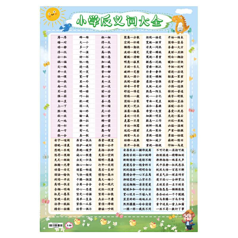 小学生语文知识点挂图 小学反义词大全 适用各版本教材 开心教育