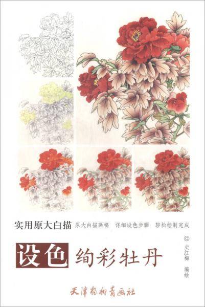 设色绚彩牡丹/实用原大白描